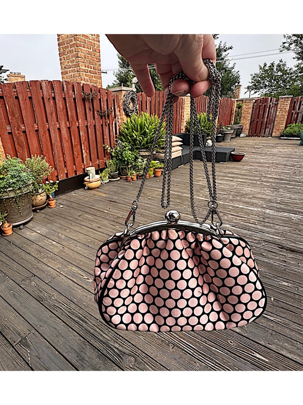 GLENDA GIES Satin Evening Puffy Bag Pink & Black Polka Dot Framed Silver Chain